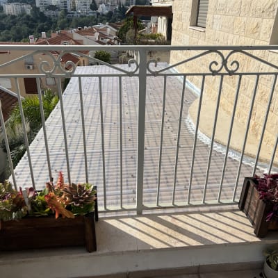 עציצים עם צמחים על מעקה מרפסת