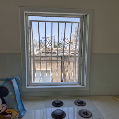 סורגי חלון עם נוף עירוני ברקע