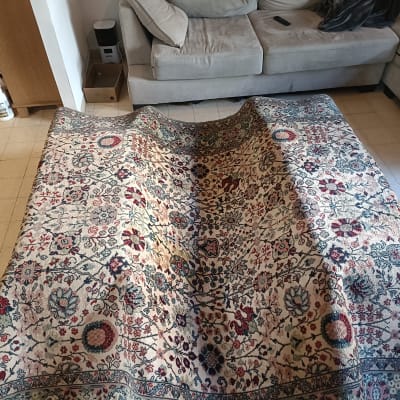 שטיח פרוס על רצפה ליד ספה וחומרי ניקוי