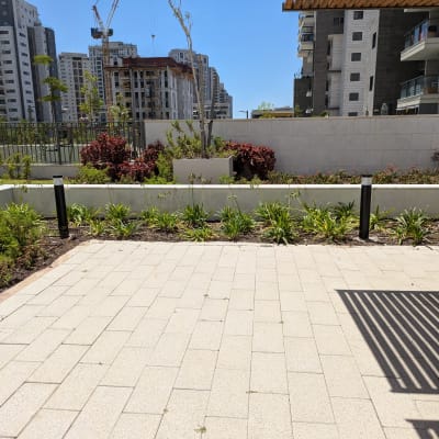 עמודי תאורה שחורים בגינה עירונית