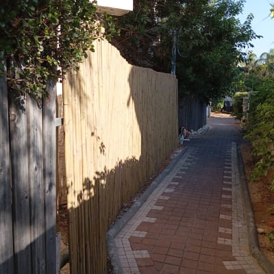 שביל מרוצף עם צינור השקיה וגדר עץ