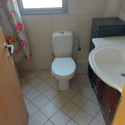 חדר אמבטיה עם אסלה, כיור ורצפה מרוצפת