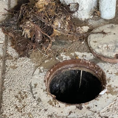 פתח ביוב עם לכלוך ופסולת סביבו