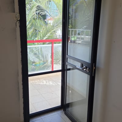 דלת אלומיניום עם מסגרת שחורה וזכוכית שקופה