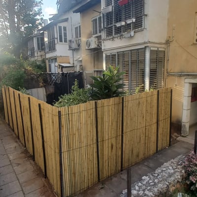 גדר במבוק סביב גינה קטנה עם צמחים ירוקים