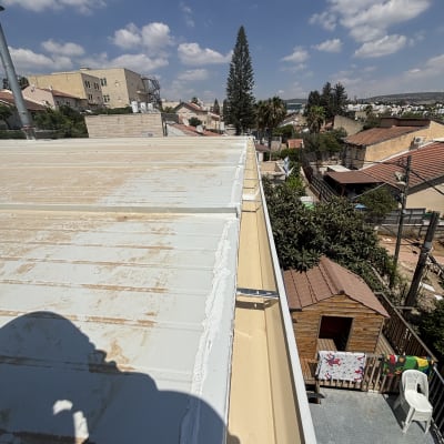 גג עם נוף עירוני ועצים ברקע