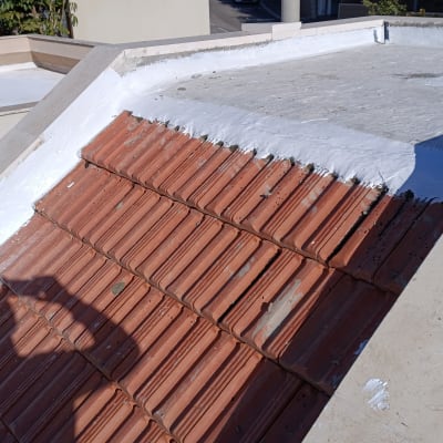 רעפים חומים על גג עם ציפוי לבן