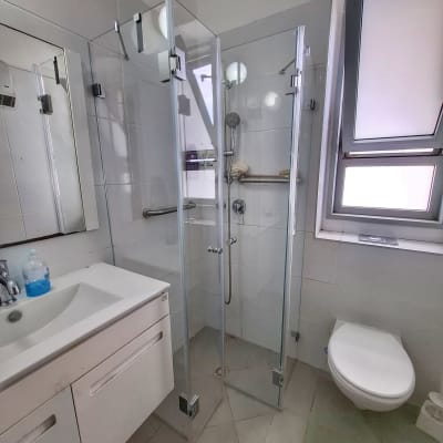 מקלחון זכוכית עם ראש מקלחת ומעקה אחיזה