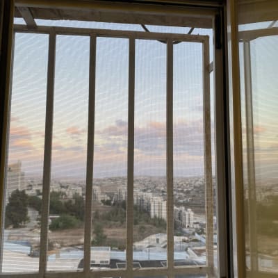 סורגי אלומיניום בחלון פתוח עם נוף ברקע