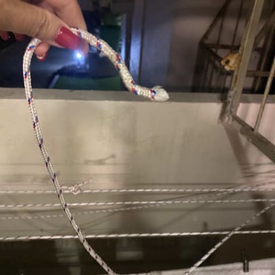 חבל קלוע מוחזק ביד עם ציפורניים אדומות