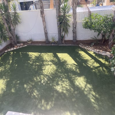 גינה עם דשא סינטטי ועצים מסביב