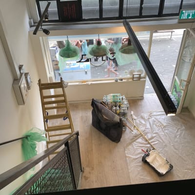 סולם, יריעות פלסטיק, מברשת צבע, תיק כלים