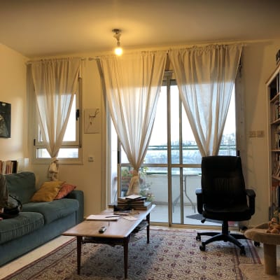 סלון עם שולחן, כורסה ווילונות לבנים