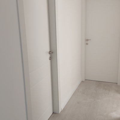 שתי דלתות לבנות במסדרון עם רצפת עץ בהירה