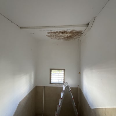 תיקון קיר עם סולם וחומרי צביעה