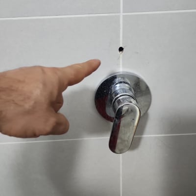 סוללת ברז כרום מותקנת על קיר אריחים בחדר רחצה