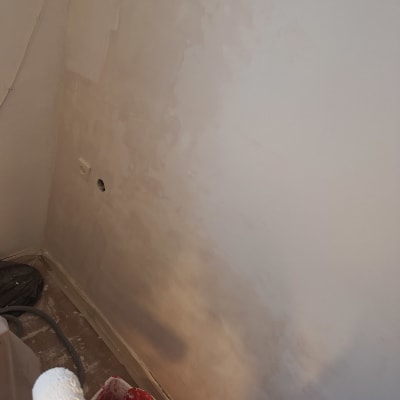 קיר צבוע חלקית עם רולר ודלי צבע