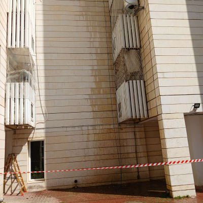 אדם על סולם מסיר יונים מקיר בניין