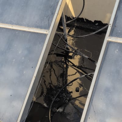 זיפות גג שטוח מתחת לקולטי שמש עם חומר איטום ביטומני שחור