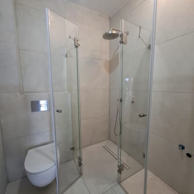 מקלחון זכוכית עם ראש מקלחת ותא שירותים