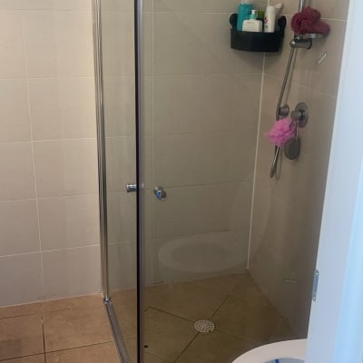 מקלחון זכוכית עם ראש מקלחת ומדף מוצרים