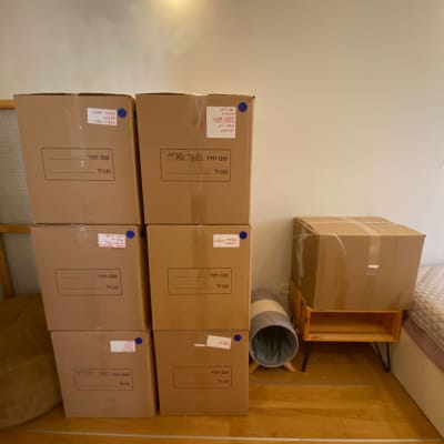 שישה קרטונים מסומנים מונחים על רצפת עץ