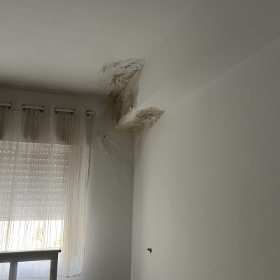 נזקי רטיבות בתקרה ובקיר ליד חלון