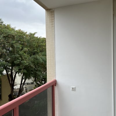 קיר לבן צבוע במרפסת עם מעקה אדום