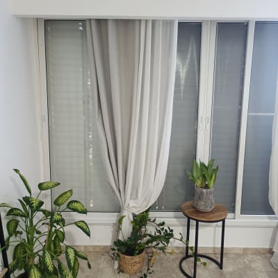 חלון עם תריסים ווילונות, עציצים על הרצפה