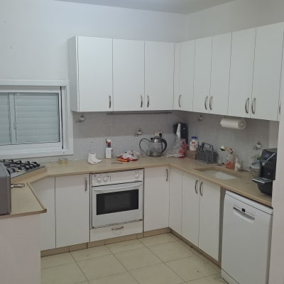 מטבח עם ארונות לבנים, תנור ומדיח כלים