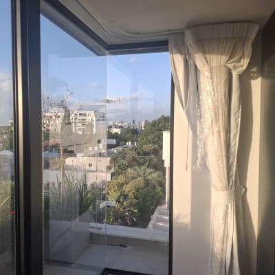 חלון זכוכית עם נוף חיצוני ועציצים