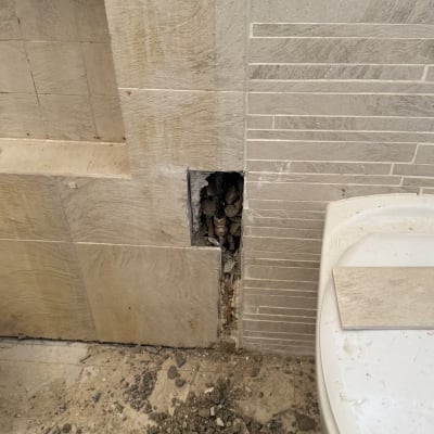 כלי עבודה וצינור חשוף בקיר בחדר אמבטיה