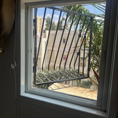 סורג מתכת מותקן על חלון עם נוף חיצוני