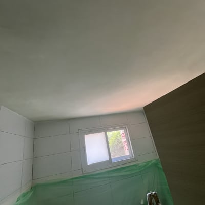 סולם וחלון בחדר עם קירות מכוסים בניילון ירוק.