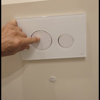 אדם לוחץ על כפתור הדחת אסלה