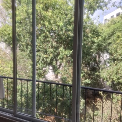 חלון זכוכית שקוף בפרופיל אלומיניום המשקיף לנוף ירוק