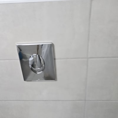 לחצן הדחה בשירותים עם מוצרי טיפוח על המדף