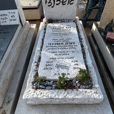 מצבה עם כיתוב בעברית, מוקפת באבנים וצמחים קטנים.