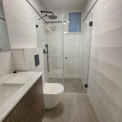 חדר אמבטיה עם מקלחון ושירותים מודרניים