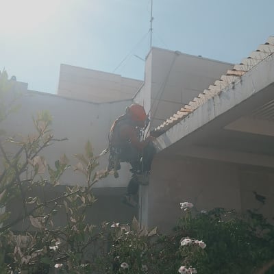 אדם עם קסדה מטפס על גג להסרת יונים