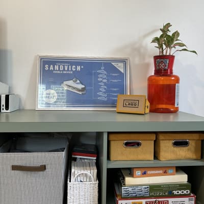 מדף עם קופסאות אחסון, משחקי פאזל וצמח בעציץ אדום