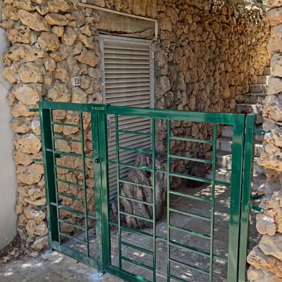 שער מתכת ירוק ליד קיר אבן