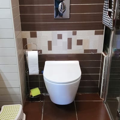 אסלה תלויה עם לחצן הדחה על קיר חום