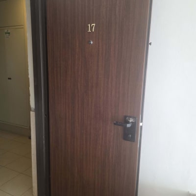 דלת עץ עם מספר 17 וידית שחורה