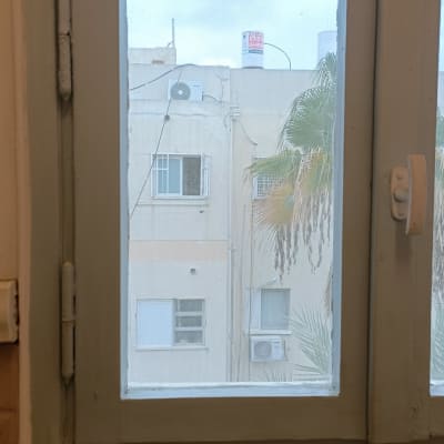 חלון זכוכית עם נוף חיצוני של בניין ועץ דקל