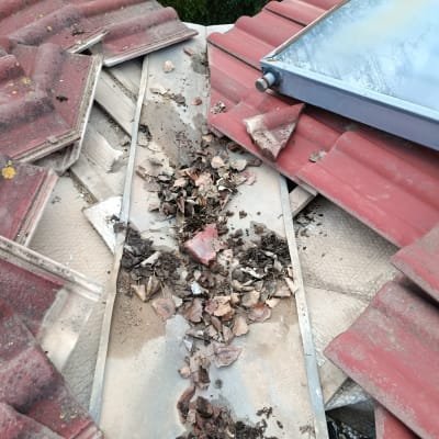 גג רעפים עם עלים ולכלוך בין הרעפים