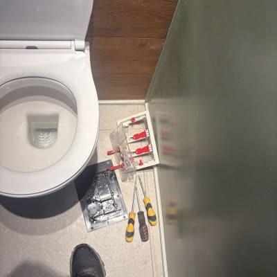 כלים סניטריים וכלי עבודה ליד אסלה בשירותים