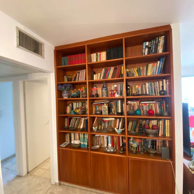 ספרייה עם ספרים, קישוטים ופריטים דקורטיביים