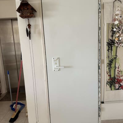 דלת לבנה עם ידית כסופה וצירים בצד ימין