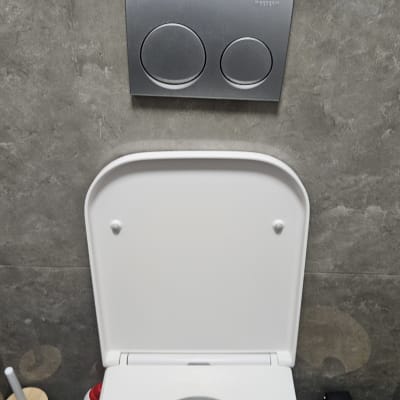 אסלה עם לחצני הדחה על קיר אפור